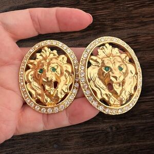 Large oval lion clip on earrings gold plated